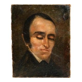 Rare Victorian Antique Post Mortem Deceased Dead Man Oil Painting on Canvas Mourning Art For Sale