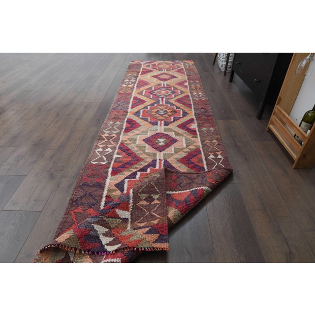 1970s Vintage Handmade Wool Cotton Red Runner Rug For Sale - Image 9 of 11