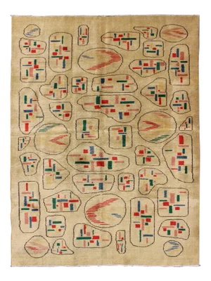 Yellow Background Vintage Turkish Mid-Century Modern Rug With Geometric Motifs