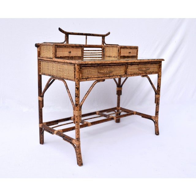 Chinoiserie British Colonial Style Burnt Bamboo and Grasscloth Pagoda Desk and Chair For Sale - Image 3 of 12