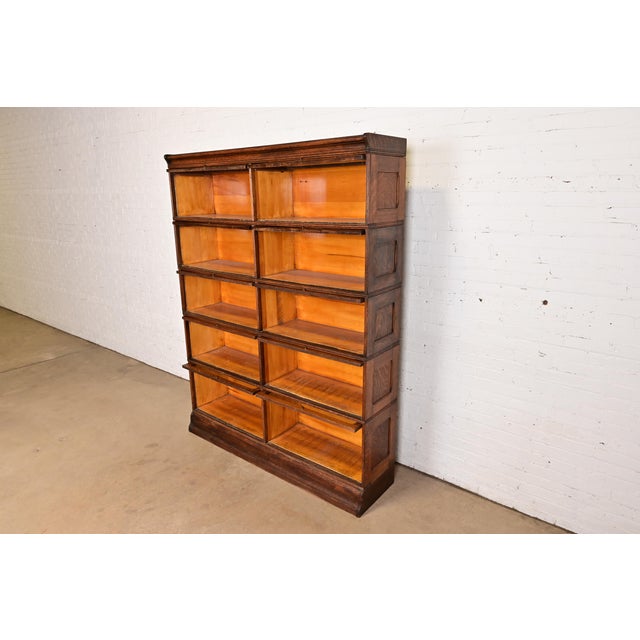 Antique Arts & Crafts Tiger Oak Double Five-Stack Barrister Bookcase, Circa 1900 For Sale In South Bend - Image 6 of 14