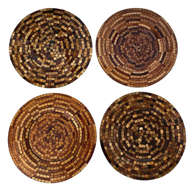 Rustic European Glass Mosaic, Amber, Gold, Brown Charger Plates. Set of Four. For Sale - Image 3 of 8