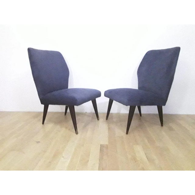 Pair Chairs Design Vintage 1950 Structure black wood and blue velvet Yummy conservative state Measurements 50 cm x 50 cm x...
