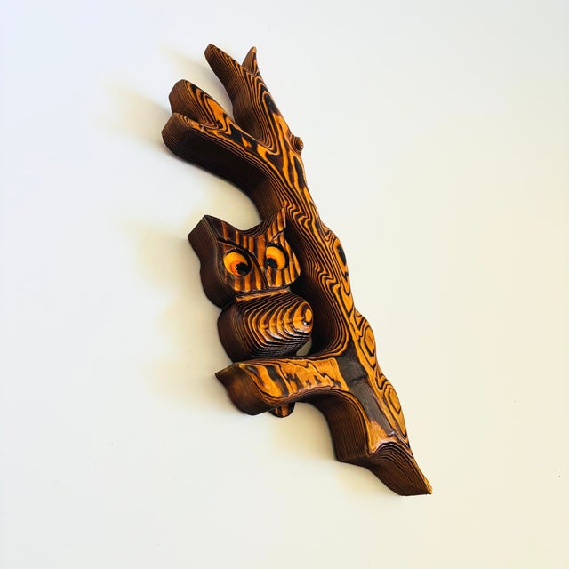 A wonderful mid century sculptural wall hanging, carved out of wood to create a cute owl sitting on a branch. Ready to...