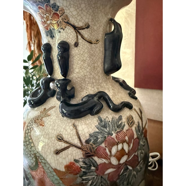 1980s Vintage Asian Peacock Crackle Glaze Table Lamp For Sale - Image 5 of 12