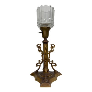 Antique Ornate Early 1900's Bronze Glass Art Nouveau Electric Table Lamp Light For Sale