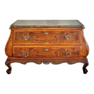 18th Century Italian Baroque Marquetry Bombé Commode With Marble Top For Sale