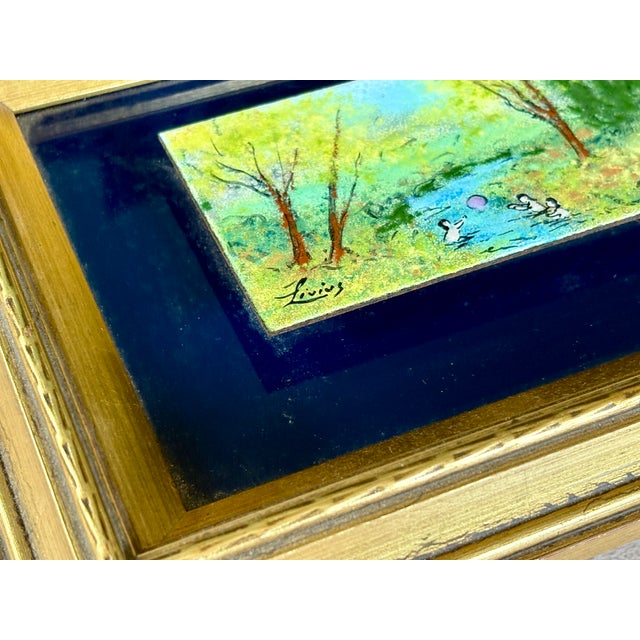 1970s Framed Enamel on Copper Art by Livius Impressionist Style Landscape Children Playing in River, Small Painting. For Sale - Image 5 of 7