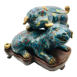 Mid 19th Century Playful Cloisonne Puppies on a Wood Stand From the Qing Dynasty