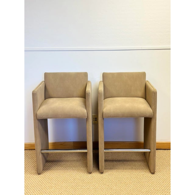 Postmodern 1980s Sculptural Italian Postmodern Faux Tan Suede Bar Stools – a Pair For Sale - Image 3 of 11