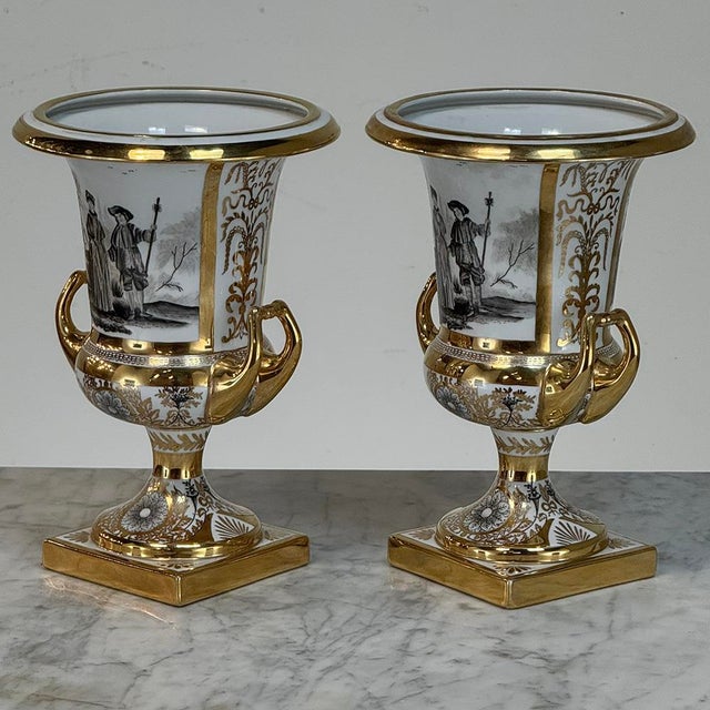 Neoclassical Pair Antique Ritzenhoff & Breker Neoclassical Porcelain Mantel Vases For Sale - Image 3 of 18