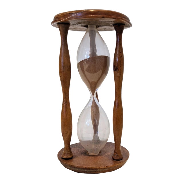 Antique Turned Wood Hourglass With Hand-Blown Glass For Sale