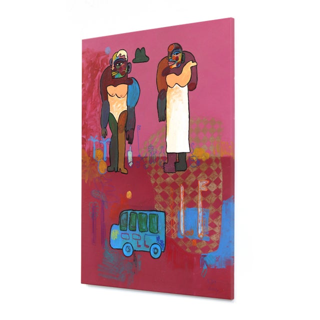 At the Bus Stop - Pink Abstract Figurative Painting Original Artwork by Valerie Etitinwo For Sale - Image 9 of 9