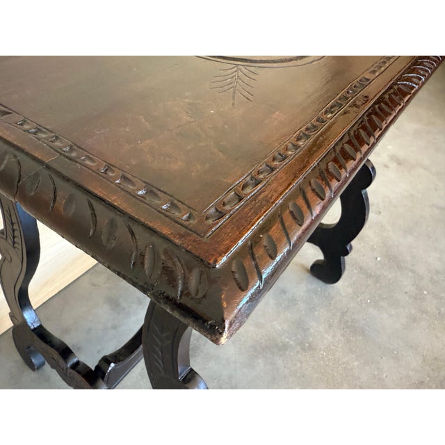 Black 19th Baroque Spanish Side Table with Lyre Legs and Carved Edges For Sale - Image 8 of 18
