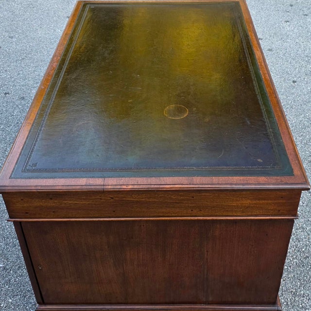 Brown Antique Early 19th Century English Georgian Mahogany Partners' Desk With Green Leather Writing Surface, [54"w X 35.5"d X 30.5"h] For Sale - Image 8 of 18