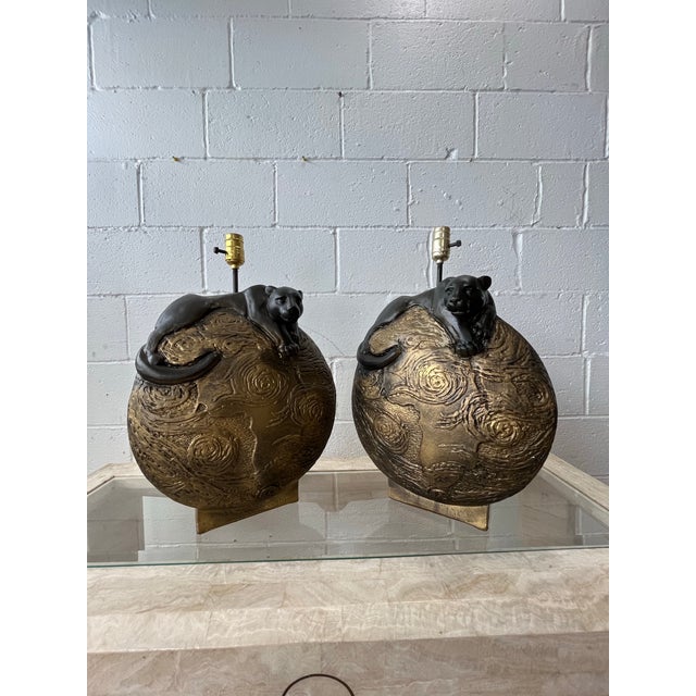 Mid 20th Century Hollywood Regency Sculptural Panther Globe Table Lamps - a Pair For Sale - Image 10 of 10