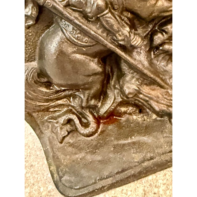 Antique 1925 Hubley #312 Cast Iron, Bronze-Clad Bookend in Bas-Relief Depicting the Legend of Saint George Slaying the Dragon For Sale In San Antonio - Image 6 of 12
