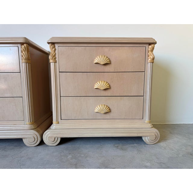 Art Deco Vintage Hollywood Regency Art Deco-Style Solid Wood Nightstands With Shell Handles by National Mt. Airy – A Pair For Sale - Image 3 of 12