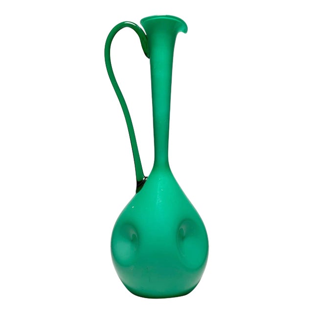 Large Empoli Italian Glass Green Ewer Pitcher Vase For Sale