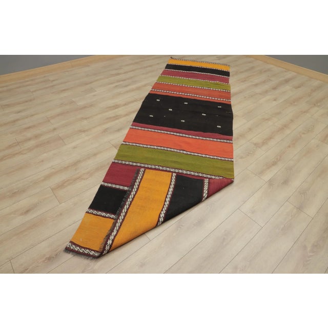 1960s Scandinavian Natural Wool Colorful Striped Kilim Runner Rug For Sale - Image 4 of 7
