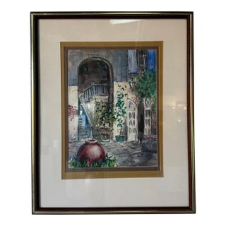 Vintage Impressionist Courtyard Still Life Watercolor on Paper – Framed For Sale