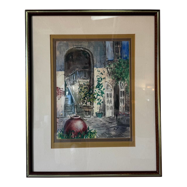 Vintage Impressionist Courtyard Still Life Watercolor on Paper – Framed For Sale