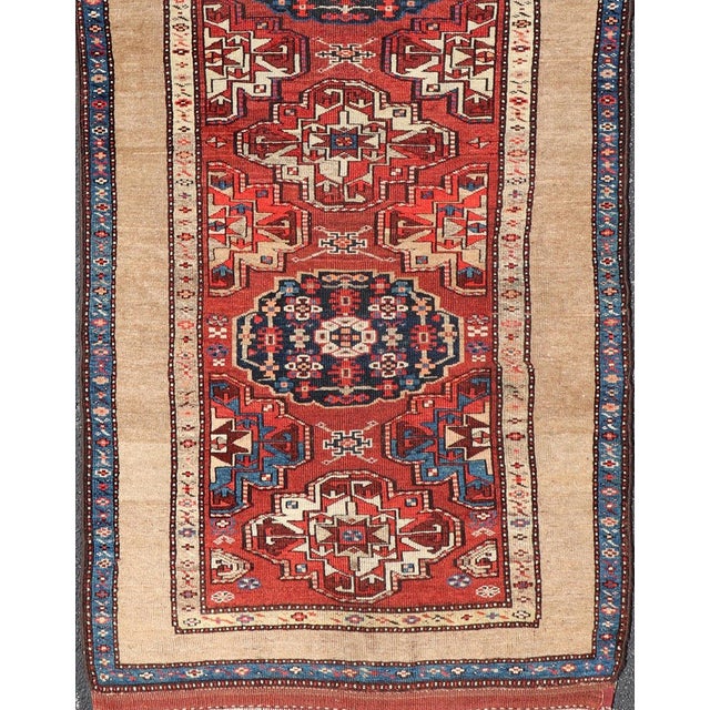 Camel Antique Persian Camel Hair Serab Runner With Tribal Medallion Design Rug For Sale - Image 8 of 17
