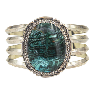 Late 20th Century Large Navajo Native American Sterling Silver and Malachite Cuff Bracelet by Begay
