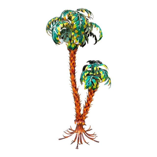 1970s Continental Hans Kogl Life Size Tole Polychrome Palm Tree Floor Lamp For Sale