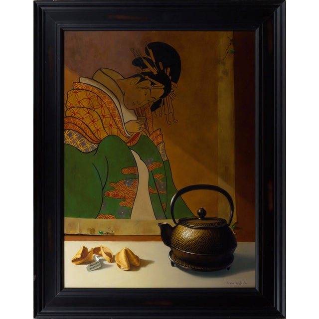This oil on panel artwork features a serene still life arrangement, with a traditional teapot and fortune cookies set...