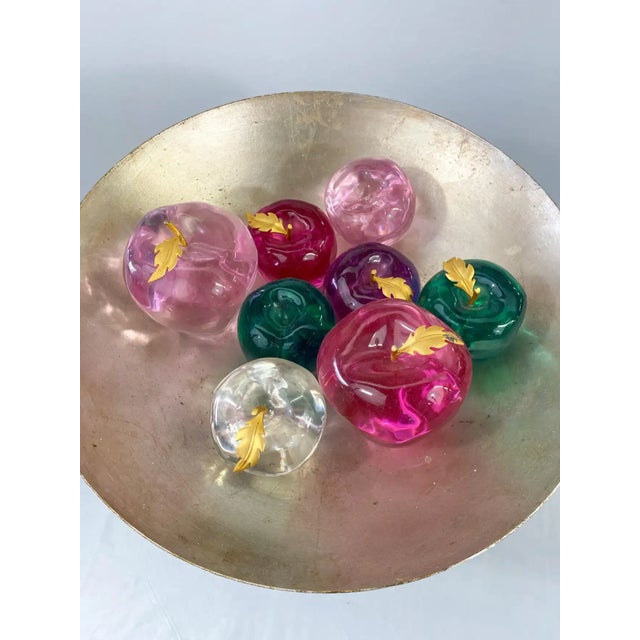 1990s Lucite Multicolor Apples in Center Silver Metal Bowl For Sale - Image 5 of 12