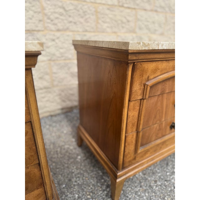 Mid 20th Century 1970s a Pair of Mid Century Burl Wood Nightstands With Travertine Tops For Sale - Image 5 of 12