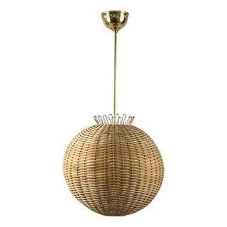 Mid-Century Modern Swedish Ball Rattan and Brass Pendant Light, 1950s For Sale