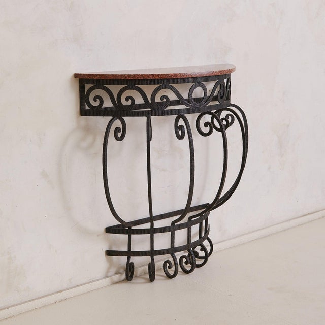 Neoclassical French Wrought Iron Demilune Console with Rosso Verona Marble Top, 1940s For Sale - Image 3 of 8