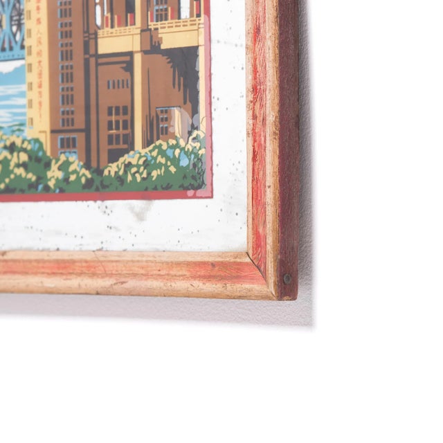 Chinese Yangtze River Bridge Reverse Glass Painted Mirror, C. 1969 For Sale - Image 4 of 6