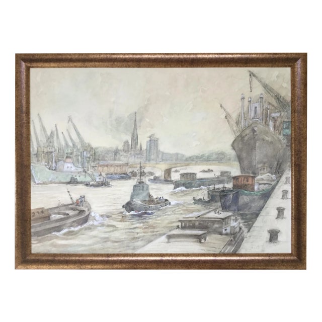 Guy Marc, Rouen Harbour, 1974, Watercolour on Cardboard For Sale