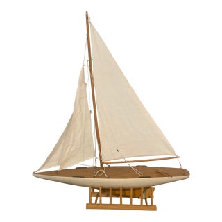 Vintage Wooden Sailboat Model on Stand For Sale