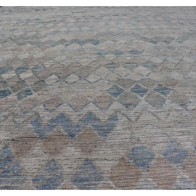 Abstract Oversized Modern Casual All-Over Diamond Design in Blue, Taupe, and Cream 13'10 X 19'10 For Sale - Image 3 of 12