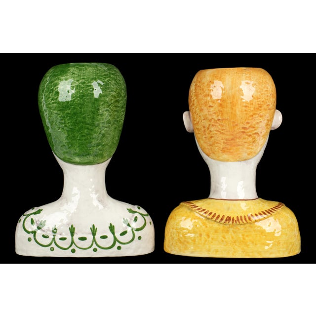 Pair Italian Horchow Faience Ceramic Busts Vintage Mid Century For Sale - Image 4 of 9