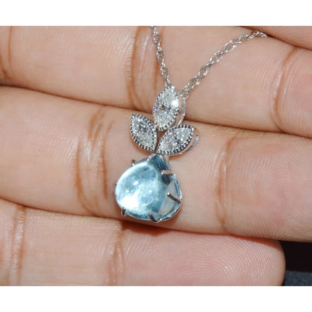 Certified Natural 3.94Cts VS F Diamond Aquamarine 18K Solid Gold Milgrain Pendant Necklace For Sale In Dallas - Image 6 of 10