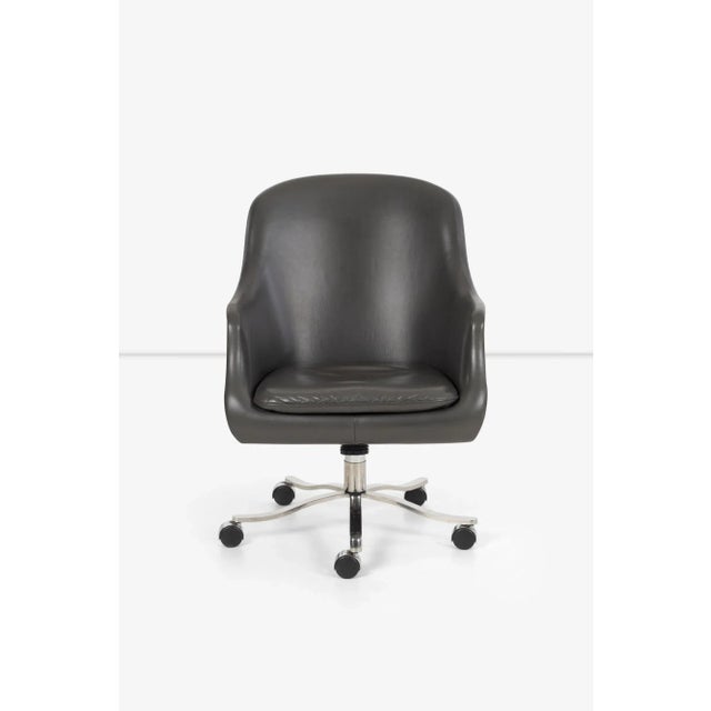 Nicos Zographos Bucket Desk Chair 1964, Original gently used Cool-Grey leather with chrome-plated 5-star base on casters....