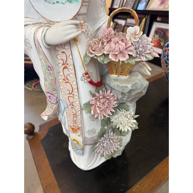 1940s Vintage Hand Painted Porcelain Japanese Geisha Statue 32in Tall For Sale - Image 5 of 9