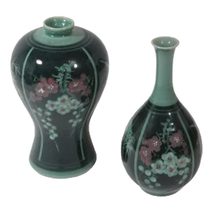 Vintage Hand-Decorated Korean Porcelain Vases- Set of 2