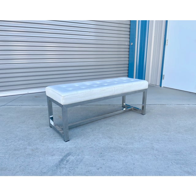 White Vintage Leather & Steel Bench For Sale - Image 8 of 13