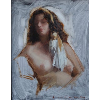 Trance by Casey Childs | Oil Painting of a woman with curly hair and a headscarf For Sale