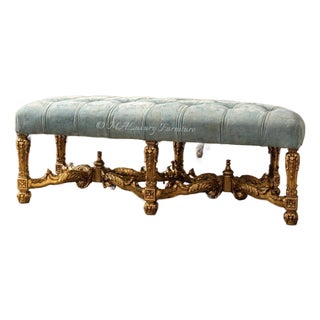 1960s Louis XV Style Gilded Bench French Rococo Upholstered Ottoman, Entryway Vanity Seating For Sale