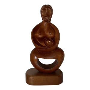 Vintage Hand-Carved Wood Sculpture of Mother and Child Embrace