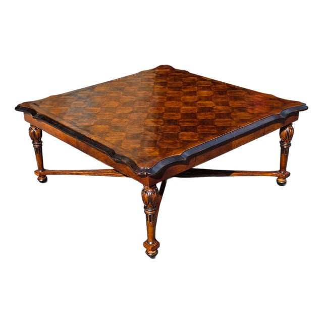 Georgian Style Parquetry Top Coffee Table With Scalloped Edge and X-Form Stretcher, Early 21st Century For Sale