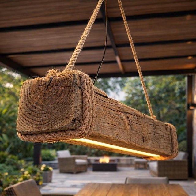 Rustic Wooden Chandelier | Farmhouse Kitchen Island Lighting | Modern Dining Room Ceiling Lamp | For Sale - Image 6 of 6