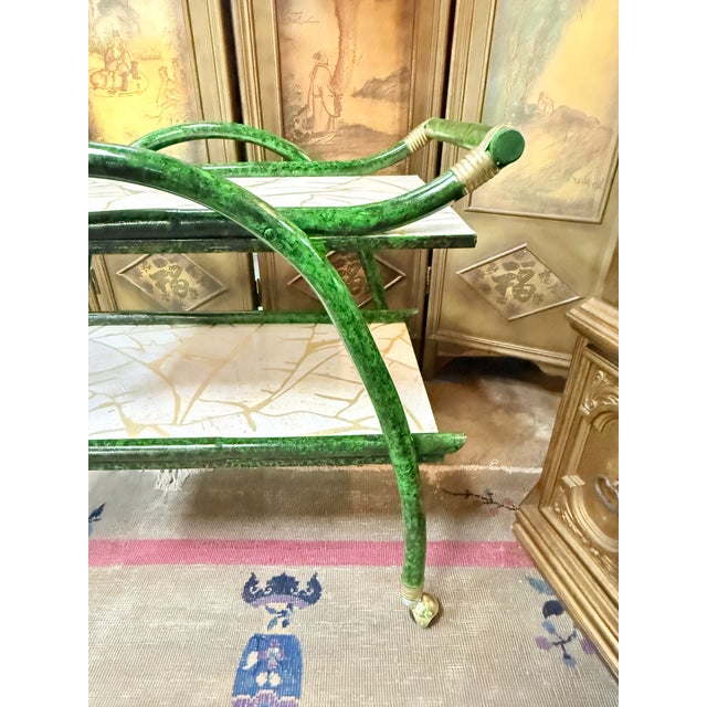 Exquisite Vintage Mid-Century Aldo Tura Style Rattan and Faux Malachite Bar Cart - Newly Painted For Sale - Image 11 of 11